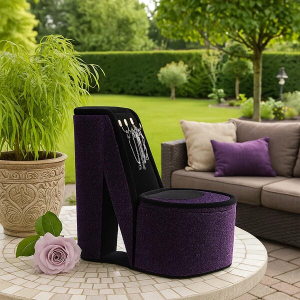 High Heel Shoe Jewelry Box with 3 Hooks and Storage, Purple