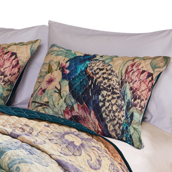 Ufa 36 Inch Quilted King Pillow Sham, Peacock Print, Vermicelli Stitching