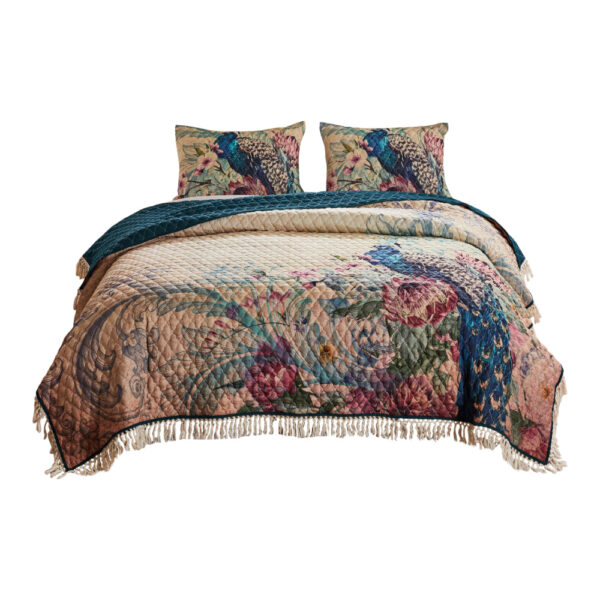 Ufa 36 Inch Quilted King Pillow Sham, Peacock Print, Vermicelli Stitching