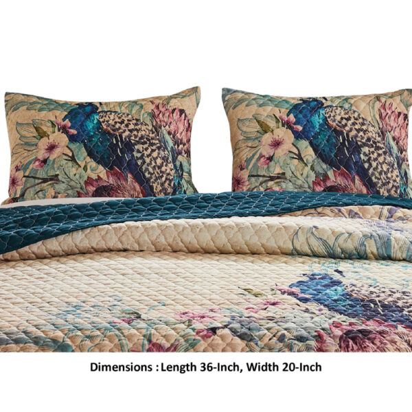 Ufa 36 Inch Quilted King Pillow Sham, Peacock Print, Vermicelli Stitching