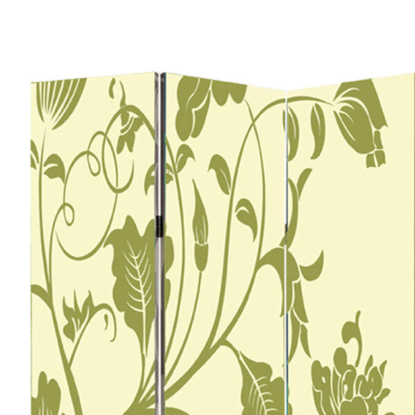 3 Panel Room Divider with Stems and Flower Pattern, Cream and Green
