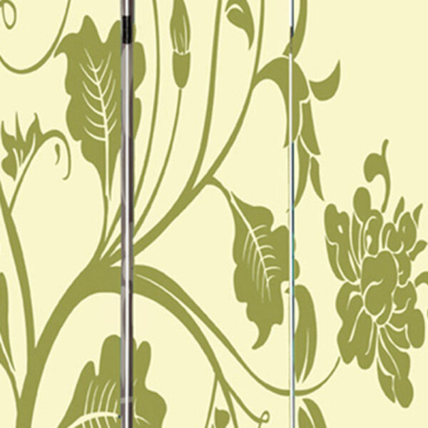 3 Panel Room Divider with Stems and Flower Pattern, Cream and Green
