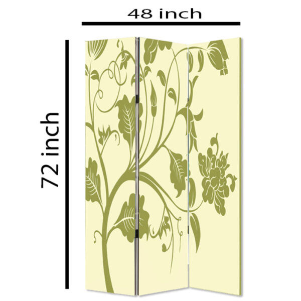 3 Panel Room Divider with Stems and Flower Pattern, Cream and Green