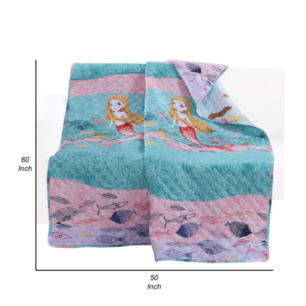 Wini 50 x 60 Inch Quilted Throw Blanket with Fill, Mermaid, Blue, Pink