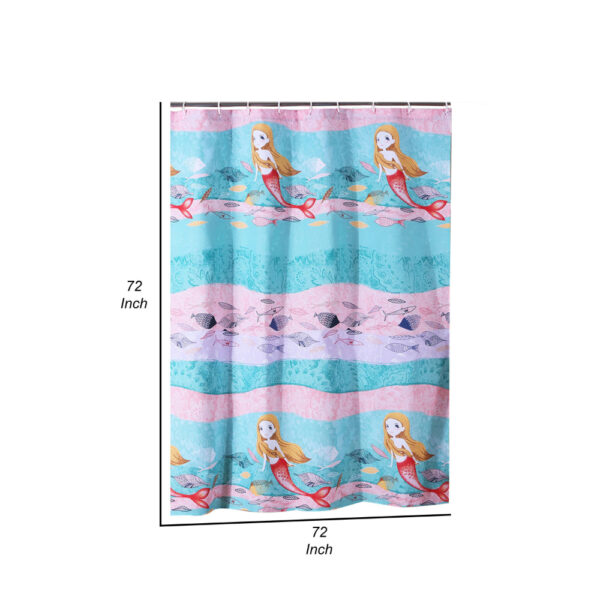 Wini 72 x 72 Inch Shower Curtain, Mermaid Print, Blue, Pink Polyester