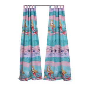 Wini 4 Piece Window Curtain Panel Set, Mermaid Design, Pink, Blue Polyester