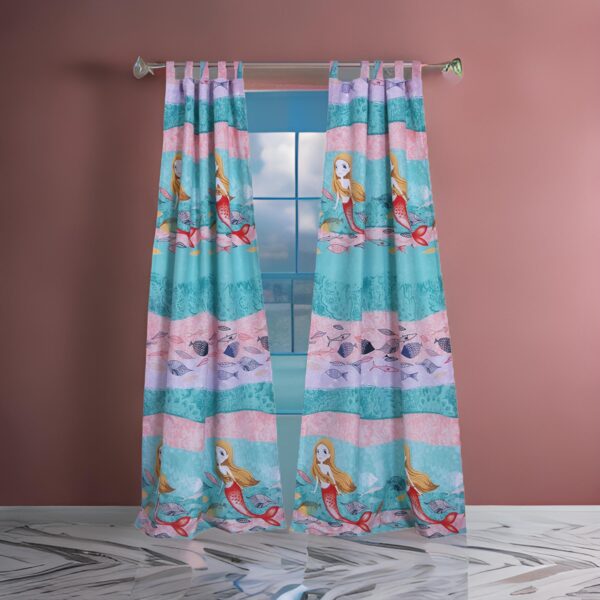 Wini 4 Piece Window Curtain Panel Set, Mermaid Design, Pink, Blue Polyester