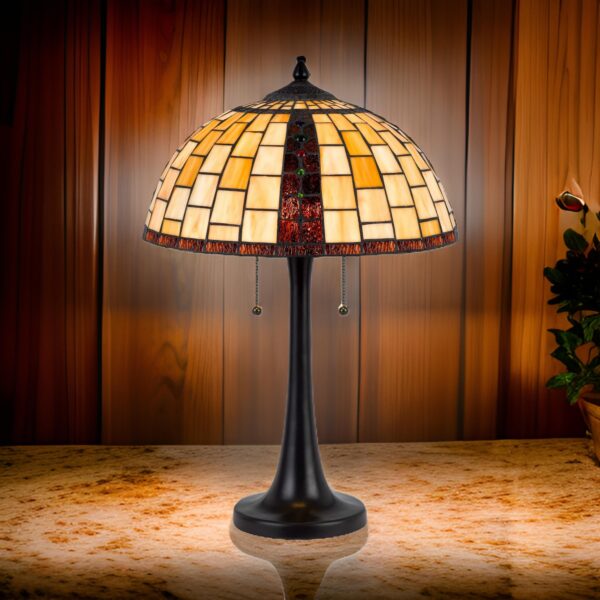 24 Inch Table Lamp, Tiffany Style Stained Glass, Pull Chain, Black Resin