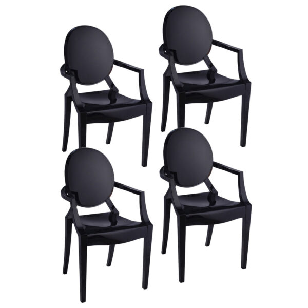 Nili Set of 4 Dining Armchairs, Oval Shape Back, Molded Seat, Black Finish