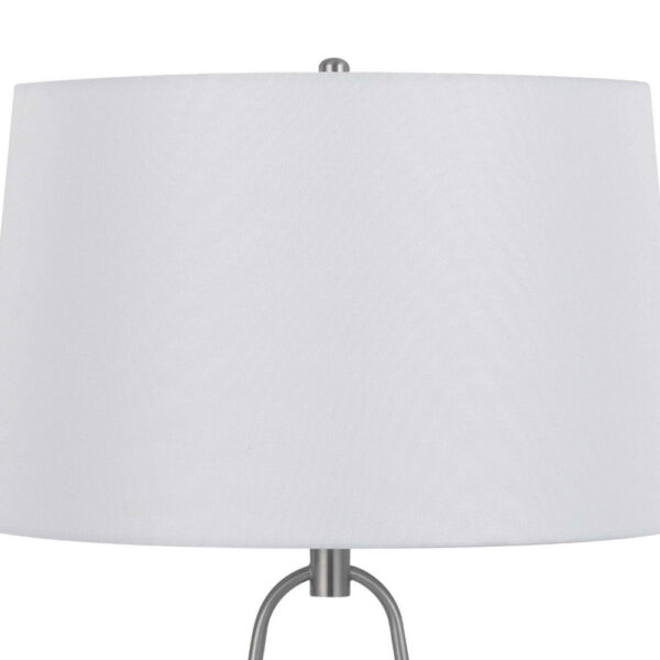 29 Inch Table Lamp, LED Lit, White Drum Hardback, Silver Metal and Glass