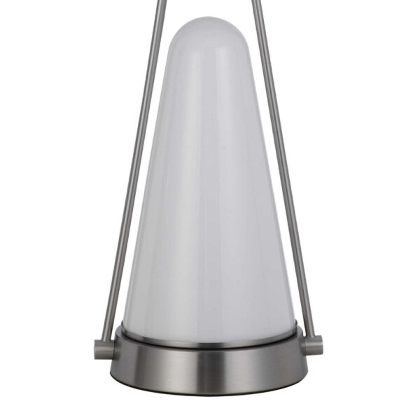 29 Inch Table Lamp, LED Lit, White Drum Hardback, Silver Metal and Glass