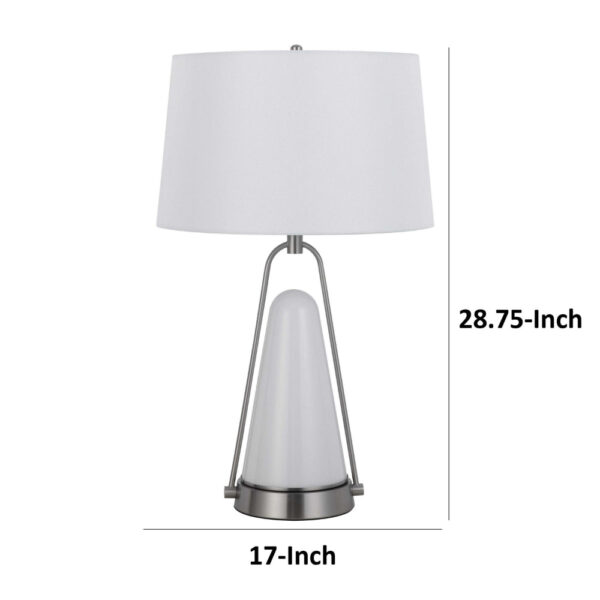 29 Inch Table Lamp, LED Lit, White Drum Hardback, Silver Metal and Glass