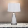 29 Inch Table Lamp, LED Lit, White Drum Hardback, Silver Metal and Glass
