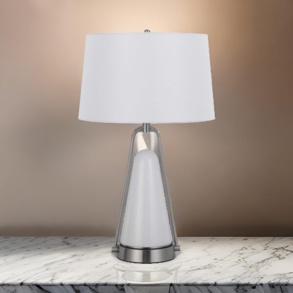 29 Inch Table Lamp, LED Lit, White Drum Hardback, Silver Metal and Glass