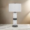 Hem 31 Inch Table Lamp with Drum Hardback, LED, Leafy Glass, Gray Metal