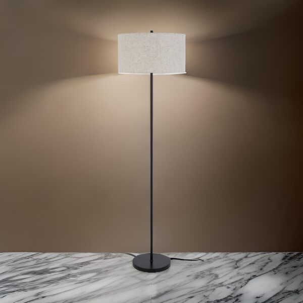 Sie 59 Inch Floor Lamp, White Linen Shade, Round Base, Black Metal Pole