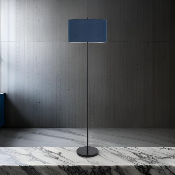 Sie 59 Inch Floor Lamp, Navy Blue Linen Shade, Round Base, Black Metal Pole