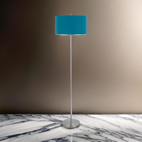 Sie 59 Inch Floor Lamp, Aqua Blue Linen Shade, Round Base, Silver Metal