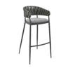 Mimy 30 Inch Barstool Chair, Gray Faux Leather Strap Back, Black Iron