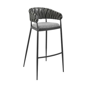 Mimy 30 Inch Barstool Chair, Gray Faux Leather Strap Back, Black Iron