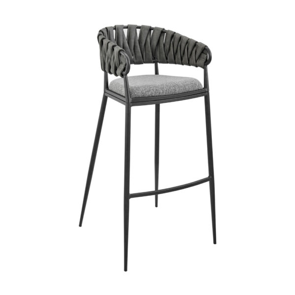 Mimy 30 Inch Barstool Chair, Gray Faux Leather Strap Back, Black Iron