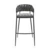 Mimy 30 Inch Barstool Chair, Gray Faux Leather Strap Back, Black Iron