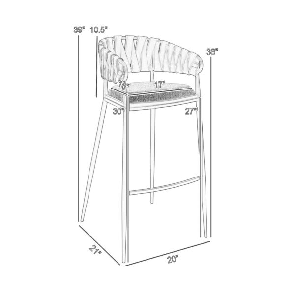 Mimy 30 Inch Barstool Chair, Gray Faux Leather Strap Back, Black Iron