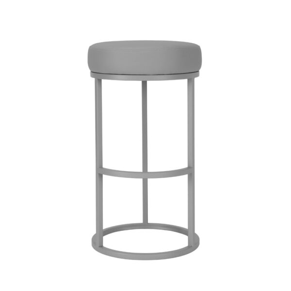 Tane 30 Inch Barstool, Round Gray Faux Leather Padded Seat, Gray Metal Base