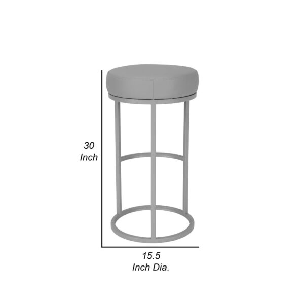 Tane 30 Inch Barstool, Round Gray Faux Leather Padded Seat, Gray Metal Base