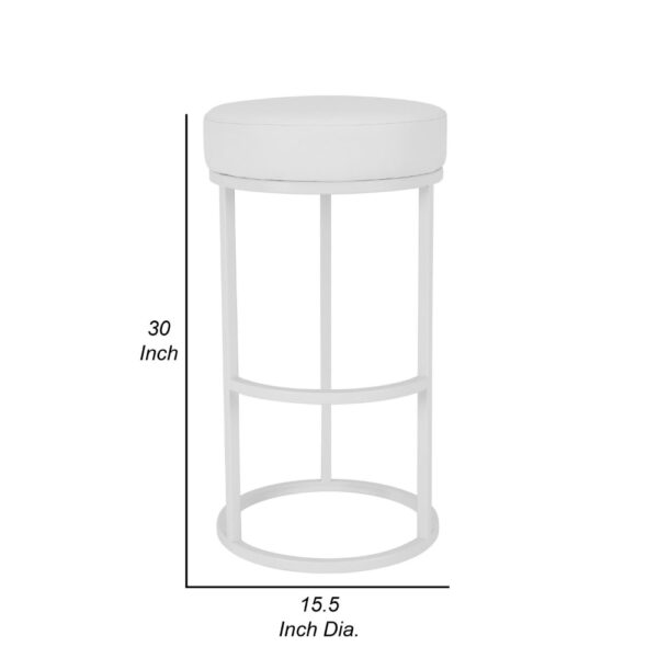Tane 30 Inch Bar Stool, Round Padded Seat, White Faux Leather, Metal