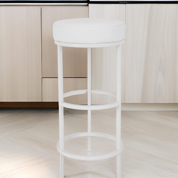Tane 30 Inch Bar Stool, Round Padded Seat, White Faux Leather, Metal