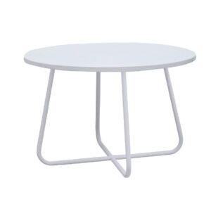 Lei 28 Inch Round Coffee Table, Wood Top in White with White Metal Base