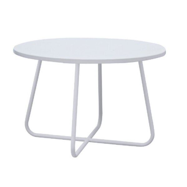 Lei 28 Inch Round Coffee Table, Wood Top in White with White Metal Base