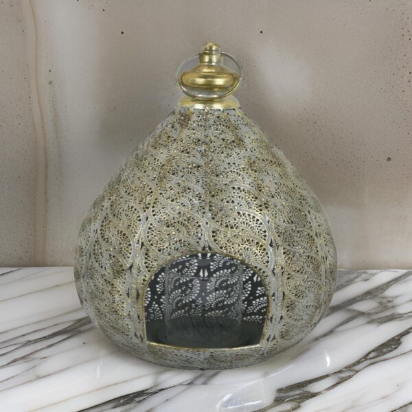 18 Inch Decorative Lantern, Embossed Design, Tear Drop Shape, Gold Metal