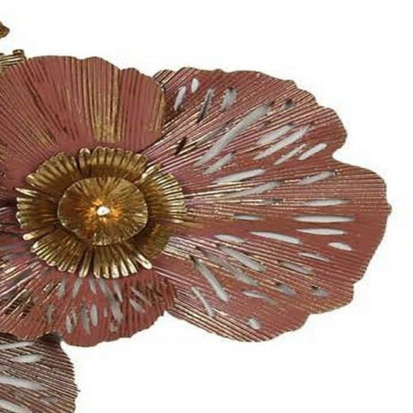 45 Inch Hanging Wall Art Decor, 3D Multiple Flowers, Metal, Brown, Gold