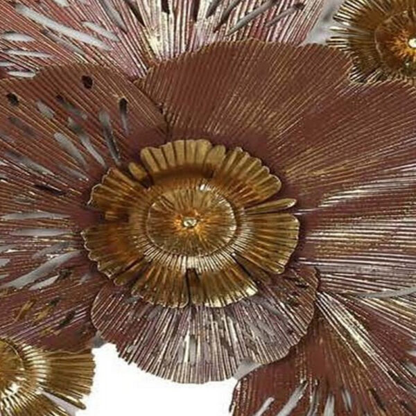 45 Inch Hanging Wall Art Decor, 3D Multiple Flowers, Metal, Brown, Gold
