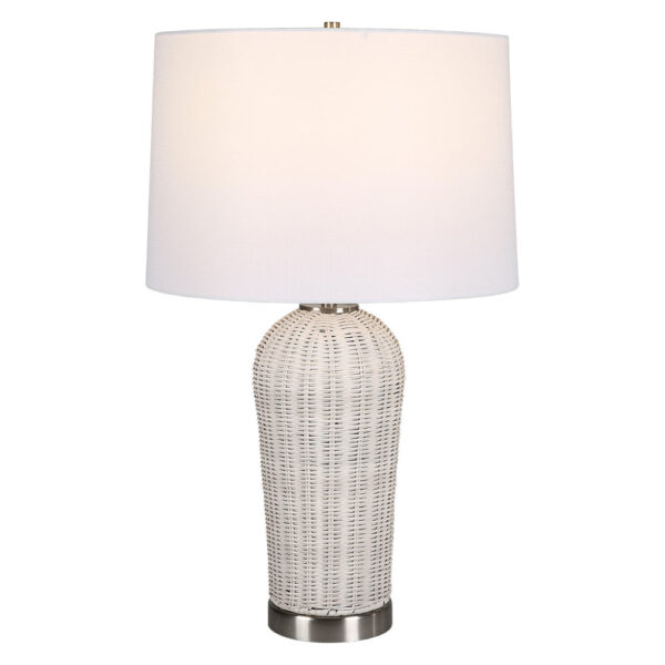 25 Inch Table Lamp, Rattan Woven, White Linen Shade, Brushed Silver Accents