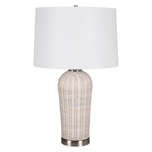 25 Inch Table Lamp, Rattan Woven, White Linen Shade, Brushed Silver Accents