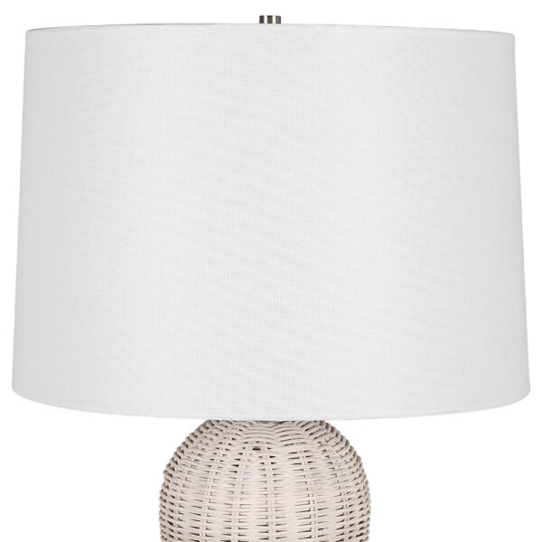 25 Inch Table Lamp, Rattan Woven, White Linen Shade, Brushed Silver Accents