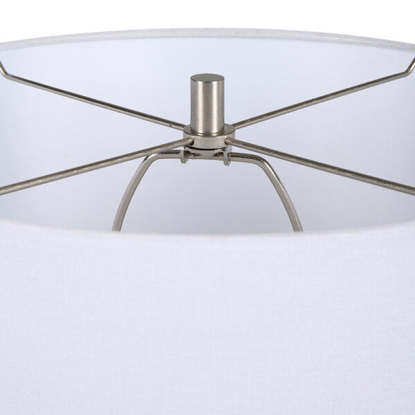 25 Inch Table Lamp, Rattan Woven, White Linen Shade, Brushed Silver Accents