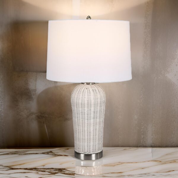 25 Inch Table Lamp, Rattan Woven, White Linen Shade, Brushed Silver Accents