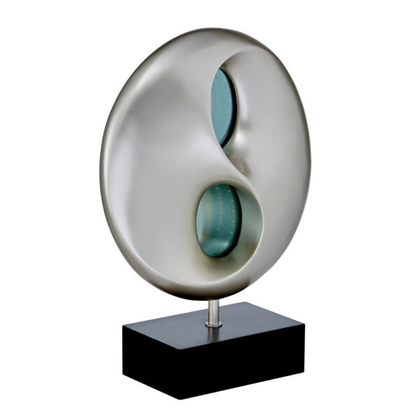 Nila 20 Inch LED Table Lamp, Black Silver Polyresin Orb Sphere, Block Base