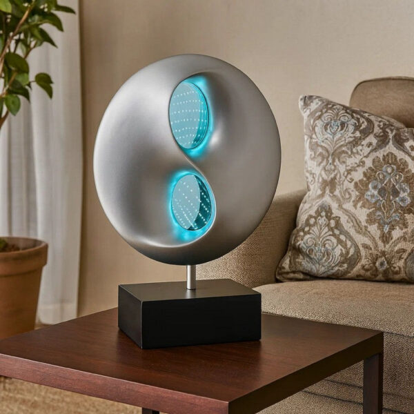 Nila 20 Inch LED Table Lamp, Black Silver Polyresin Orb Sphere, Block Base