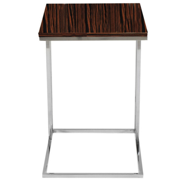 Zen 23 Inch Side Table, Rectangular Tray Top, C Shape Chrome, Ebony Brown