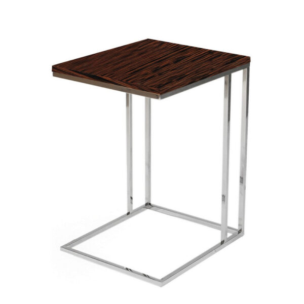 Zen 23 Inch Side Table, Rectangular Tray Top, C Shape Chrome, Ebony Brown