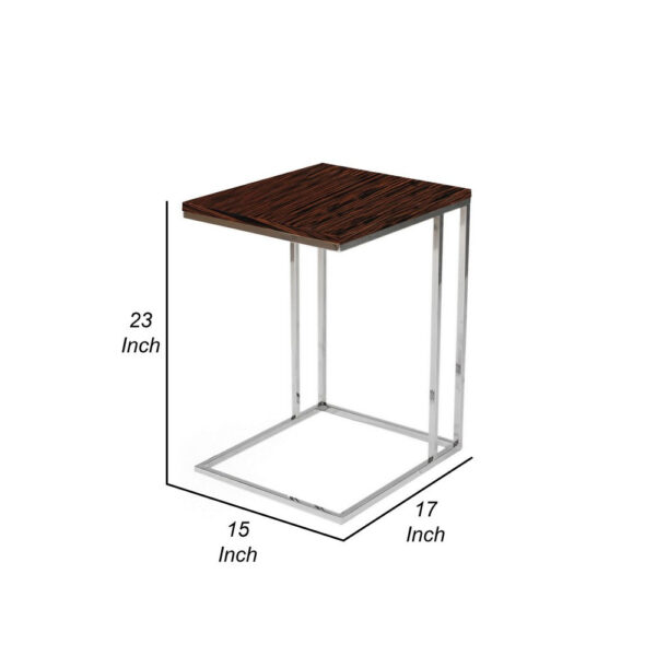 Zen 23 Inch Side Table, Rectangular Tray Top, C Shape Chrome, Ebony Brown
