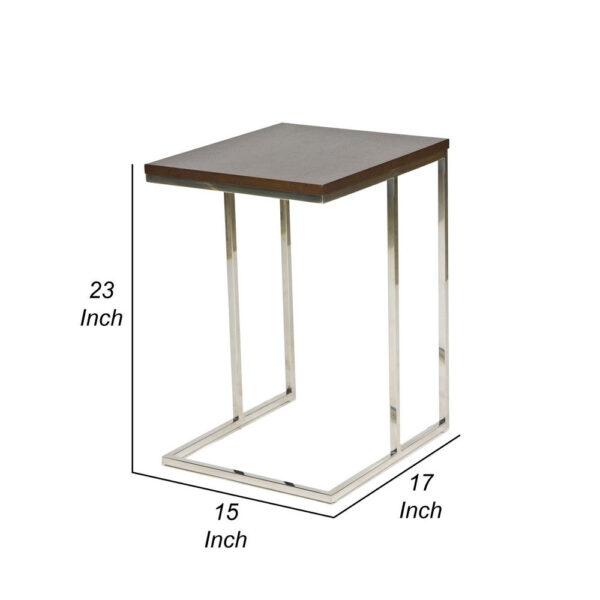 Zen 23 Inch Side Table, Espresso Brown Rectangular Tray Top, C Shape Chrome