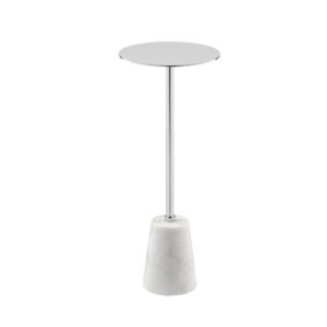 Sen 21 Inch Drink Side End Table, Cone White Marble Base, Chrome Metal Top