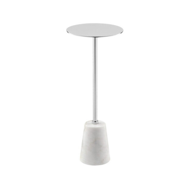Sen 21 Inch Drink Side End Table, Cone White Marble Base, Chrome Metal Top