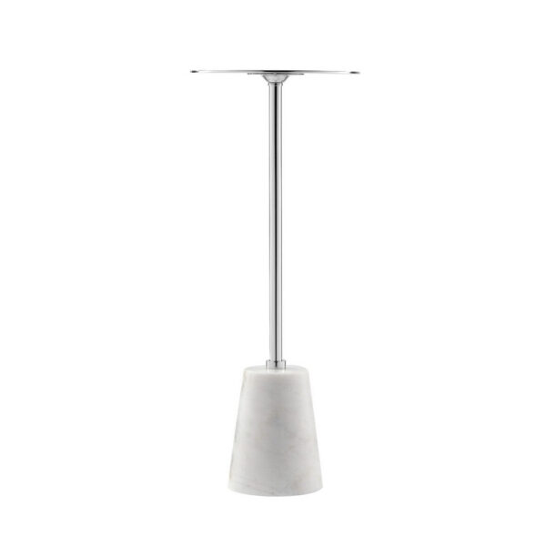 Sen 21 Inch Drink Side End Table, Cone White Marble Base, Chrome Metal Top